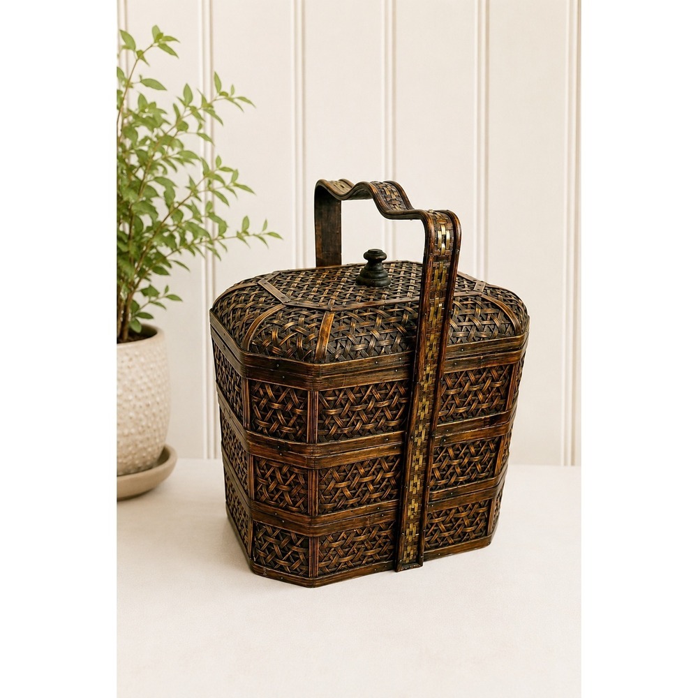 Vintage Chinese Wedding Basket 3 Tier Woven Bamboo Sewing Storage Basket *READ